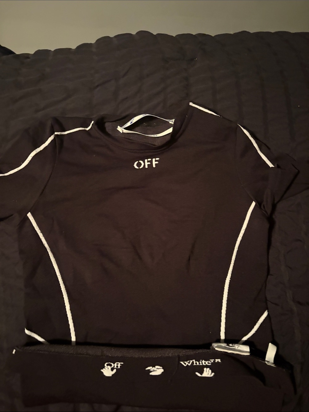 Off-White Black Short Sleeve Tee with White Logo and Contrast Piping
